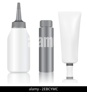 Farbstoff Haarfarbe Farbe Tube Flasche Paket mockup. Isoliertes Haar Produkt Silber Verpackung. Frau Make-up Produkte Container. Haarfarbe Flasche illustrati Stock Vektor