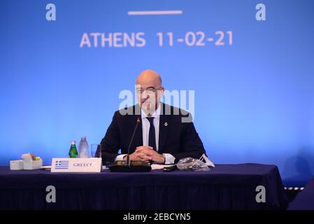 Athen, Griechenland. Februar 2021, 11th. Der griechische Außenminister Nikos Dendias beim Philia Forum in Athen, Griechenland, am 11. Februar 2021. (Foto von Dimitrios Karvountzis/Pacific Press/Sipa USA) Quelle: SIPA USA/Alamy Live News Stockfoto