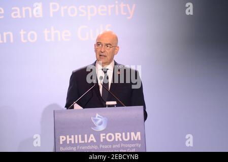 Athen, Griechenland. Februar 2021, 11th. Der griechische Außenminister Nikos Dendias beim Philia Forum in Athen, Griechenland, am 11. Februar 2021. (Foto von Dimitrios Karvountzis/Pacific Press/Sipa USA) Quelle: SIPA USA/Alamy Live News Stockfoto