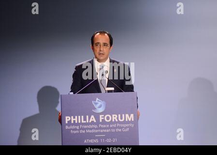 Athen, Griechenland. Februar 2021, 11th. Der zypriotische Außenminister Nikos Christodoulides beim Philia Forum in Athen, Griechenland, am 11. Februar 2021. (Foto von Dimitrios Karvountzis/Pacific Press/Sipa USA) Quelle: SIPA USA/Alamy Live News Stockfoto