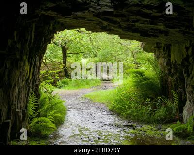 Ein Mineneingang und eine Fußgängerbrücke über den Fluss Sychryd am Rande des Bannau Brycheiniog (Brecon Beacons) National Park in der Nähe von Pontneddfechan, Powys, Südwales. Stockfoto