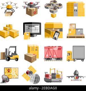 Neue Logistik unbemannte dezentrale Liefersysteme flache Piktogramme Sammlung mit Fliegende Drohnen Roboter abstrakt isoliert Vektor-Illustration Stock Vektor