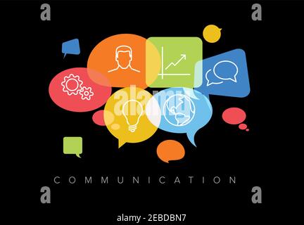 Vektor abstrakt Kommunikation Konzept Illustration - Bunte Sprechblasen Wolken Mit Symbolen auf schwarzem Hintergrund Stock Vektor