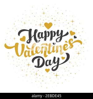 Happy Valentine's Day Schriftzug mit goldenen Herzen und Staub im Vintage-Stil auf weißem Hintergrund. Grußkarte zum Liebesgrüßen. Vektorgrafik Stock Vektor