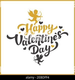 Grußkarte zum Liebesgrüßen. Golden Happy Valentinstag Zitat mit Herzen und Cupids im Vintage-Stil auf weißem Hintergrund. Vektorgrafik Stock Vektor