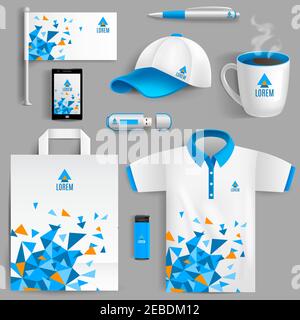 Corporate Identity Werbeobjekte in blau abstrakt geometrisches Design isoliert vektorgrafik Stock Vektor