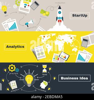 Business-Projektkonzept mit Ideenanalyse und Startup-horizontalen Bannern Flache, isolierte Vektorgrafik Stock Vektor