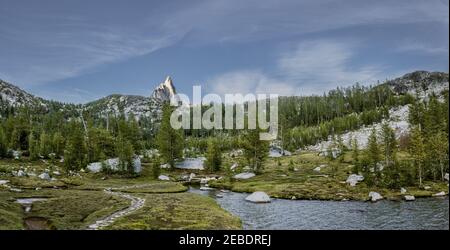Alpine Wiesenlandschaft von Weg schlängelt sich durch Bäume und Felsen Stockfoto