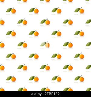 Tangerine nahtloses Muster mit grünen Blättern auf weißem Hintergrund. Minimales Sommerkonzept. Stockfoto