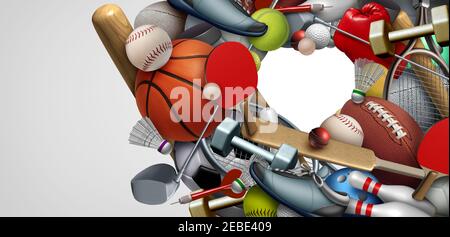 Liebe von Sportausrüstung Hintergrund mit einem Fußball Basketball Baseball Fußball Tennis und Golfball einschließlich Tischtennis Tennis Hockey Puck. Stockfoto