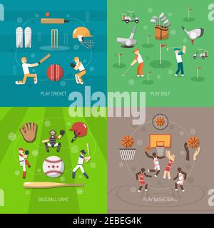 Sportdesign-Konzept mit Cricket Golf Baseball und Basketball Spiel flach Symbole isoliert Vektor Illustration Stock Vektor