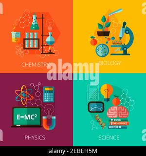 Biologisches Physiklabor und Chemie wissenschaftliches Bildungskonzept 4 flach Symbole Zusammensetzung drucken abstrakt isoliert Vektor Illustration Stock Vektor