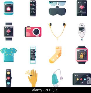Tragbare Tech Gadgets flache Symbole mit Augmented Reality Brille gesetzt Smartwatch und Fitness Tracker isolierte Vektor-Illustration Stock Vektor