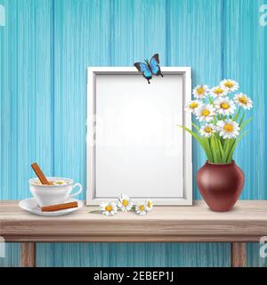 Light Frame Mockup mit Tasse Vase Blumen und Schmetterling in Realistische Vektordarstellung Stock Vektor