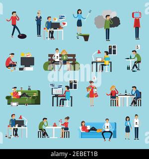 Obsessionen Symbole mit Süchten Symbole auf blauem Hintergrund flach gesetzt Isolierte Vektordarstellung Stock Vektor