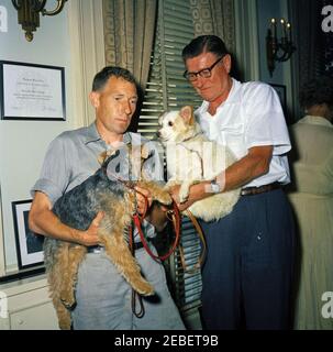 Puschinka, ein Hund, der von Nikita Chruschtschow, dem Premierminister der Sowjetunion (UdSSR), an Präsident Kennedy geschenkt wurde. Ankunft des Hundes Puschinka, ein Geschenk des sowjetischen Premier Nikita Chruschtschow an Präsident John F. Kennedy und Familie. (L-R) Hassel Adams; Charlie (ein Welsh Terrier); Pushinka; und Robert M. Redmond, Chief Gardener des Weißen Hauses. White House Pressesprecher Pierre Salingeru2019s Büro, White House, Washington, D.C. Stockfoto