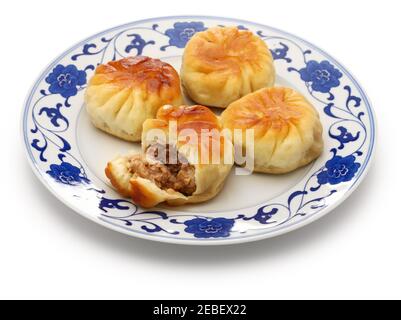 Hausgemachte Shui jian bao, taiwanesische Pfanne gebraten Schweinefleisch Brötchen isoliert auf weißem Hintergrund Stockfoto