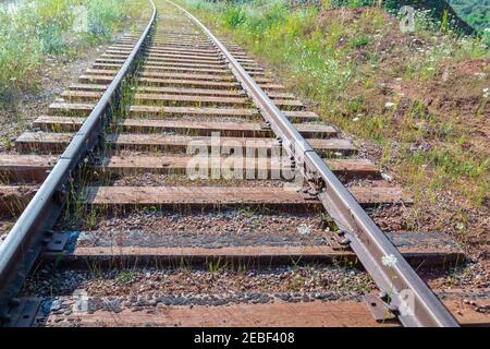 Bahnschienen in der Landschaft. Bahnstrecke in Wiese. Verlassene Landeisenbahnlinien für die Frachtschifffahrt. Selektiver Fokus. Bahnhof Renaissance Stockfoto