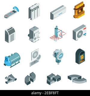 Isometrische Symbole für das Heizen des Kühlsystems Satz verschiedener Elemente in Isolierte Vektorgrafik im flachen Stil Stock Vektor