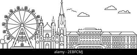 Wiener Stadtbild Linie Kunst Illustration. Prater Riesenrad, Stephansdom und Schloss Schönbrunn in der Hauptstadt Australiens in Panoramalage. Stock Vektor