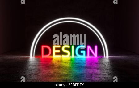 Farbenfrohes Neon-Design mit leuchtenden Wörtern. Rainbow Farben Text Konzept Hintergrund 3D Rendern 3D Illustration Stockfoto