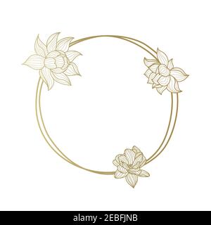 Runder Goldrahmen mit Blumen.Lotus. Vektorgrafik isoliert auf weißem Hintergrund. Stock Vektor