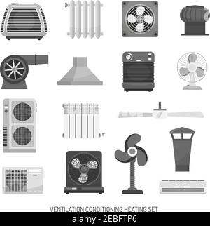Monochrom-Klimaanlage und Heizung Ausrüstung auf weiß isoliert gesetzt Hintergrund flache Vektorgrafik Stock Vektor