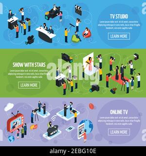 Media tv isometrische horizontale Banner mit Reportern und Journalisten in Vektordarstellung für verschiedene Situationen Stock Vektor