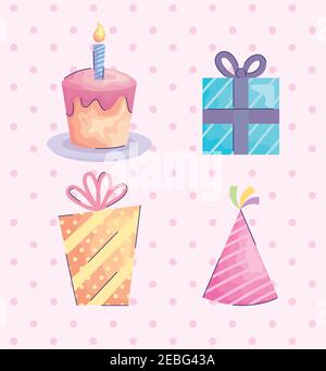 Geschenke Boxen Geschenke und Hut mit Cupcake acuarela Geburtstag Ikonen Stock Vektor