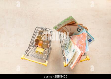 Euro-Münzen in einem kleinen Einkaufswagen und Euro-Banknoten in einem anderen. Mini-Trolleys mit Euro-Münzen und Banknoten. Geld aus Metall und Papier. SPA kopieren Stockfoto