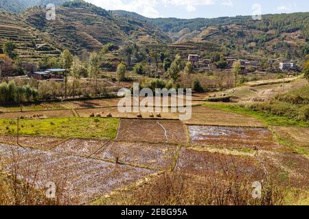 Leere Reisfelder nach der Ernte, Provinz Yunnan. Ernte Reis in China. Stockfoto