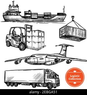 Handgezeichnete Skizze Logistik Transport-Set mit Frachtschiff Anhänger Ebene isoliert auf weißem Hintergrund Vektordarstellung Stock Vektor