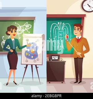 Bildung Cartoon vertikale Banner mit Lehrern der Biologie und Physik In flacher Vektorgrafik Stock Vektor