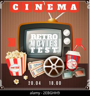 Retro Filme Festival Ankündigungsplakat mit alten tv 3D Gläser Und klassische Kino-Attribute Vektor-Illustration Stock Vektor