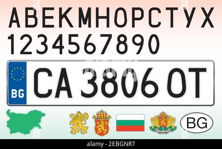 Bulgarien Kfz-Kennzeichen, Buchstaben, Zahlen und Symbole, Vektor-Illustration, Europäische Union Stock Vektor