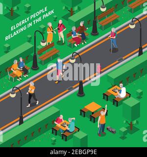 Ältere Menschen entspannen im grünen Park isometrische Zusammensetzung Vektor Illustration Stock Vektor