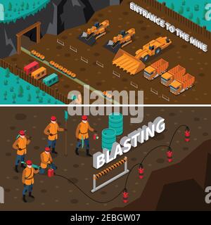 Isometrische horizontale Banner präsentiert Bergmann Menschen Maschinen und Prozess der Strahlen isolierte Vektor-Illustration Stock Vektor