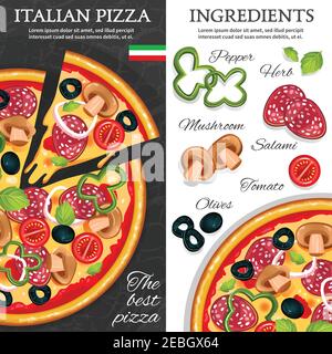 Flache Design vertikale Banner mit besten italienischen Pizza und seine Isolierte Vektorgrafik für Zutaten Stock Vektor