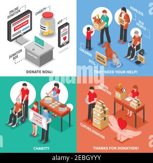 Charity Spende für bedürftige Erwachsene Kinder und Tiere isometrische 2x2 Design-Konzept isoliert auf bunten Hintergründen Vektor-Illustration Stock Vektor