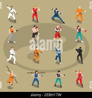 Isometrische Reihe von Menschen tun verschiedene östlichen und europäischen Martial kunst isoliert auf Hintergrund mit Yin Yang Vektor-Illustration Stock Vektor