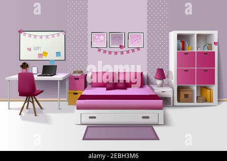 Teen Mädchen Zimmer moderne Innenarchitektur mit magnetischen Whiteboard Schrank Und Bett in rosa Fuchsia realistische Vektor-Illustration Stock Vektor