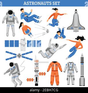 Bunte Raum Set mit Astronauten Satelliten-Anzüge Raumschiff und Handwerk Rakete im flachen Stil isoliert Vektor-Illustration Stock Vektor