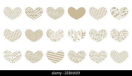 Set von beige isoliert achtzehn Herzen mit verschiedenen Mustern. Objekte können für Aufkleber, Postkarten, gemusterte Bänder für Scrapbooking verwendet werden. Valentinstag Thema. Linien, Quadrate, Herzen, geformte Formen Stock Vektor