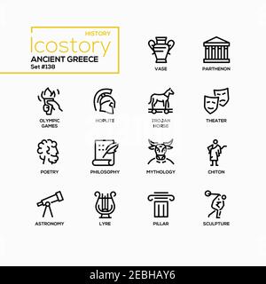 Altes Griechenland - Linie Design Stil Ikonen gesetzt. Griechische Kultur Zeichen Geschichte Idee. Schwarz-Weiß-Bilder eines Parthenon, Olympische Spiele, Trojanisches Pferd. Th Stock Vektor