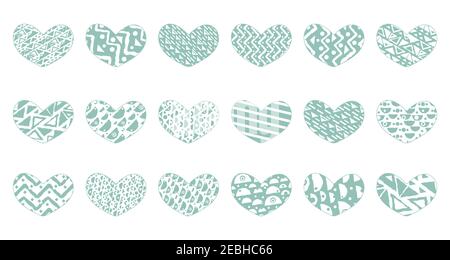 Set von grünen achtzehn Herzen mit verschiedenen Mustern. Objekte können für Aufkleber, Postkarten, gemusterte Bänder für Scrapbooking verwendet werden. Valentinstag Thema. Linien, Quadrate, Herzen, geformte Muster Stock Vektor