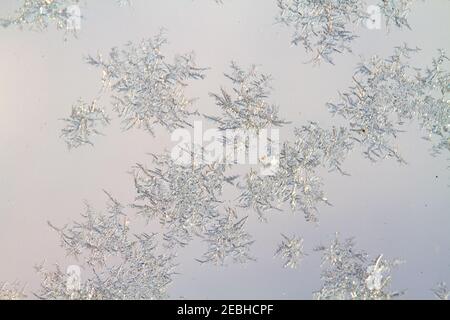 Nahaufnahme von kleinen Eiskristallen auf einem Fenster Stockfoto