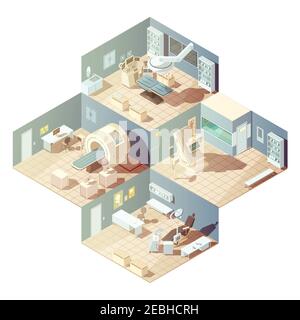 Isometrische Krankenhausräume mit verschiedenen Geräten für Untersuchungskonzept auf Vektorgrafik mit weißem Hintergrund Stock Vektor