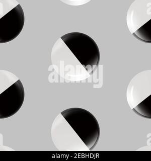 Nahtloses abstraktes Muster mit schwarzen und weißen Glaskugeln oder kostbaren Perlen. Realistischer Ball in Hochglanz. 3D Vektorgrafik auf einer Leuchte hervorgehoben Stock Vektor