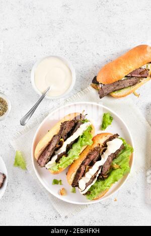 Pulled Beef Sandwiches mit karamellisierten Zwiebeln auf dem Teller über hellem Stein Hintergrund mit freiem Text Platz. Draufsicht, flach liegend Stockfoto