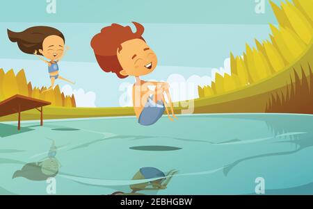Sommer Cartoon Vektor-Illustration in flacher Stil mit paar Kinder springen in See von kleinen Trampolin Stock Vektor
